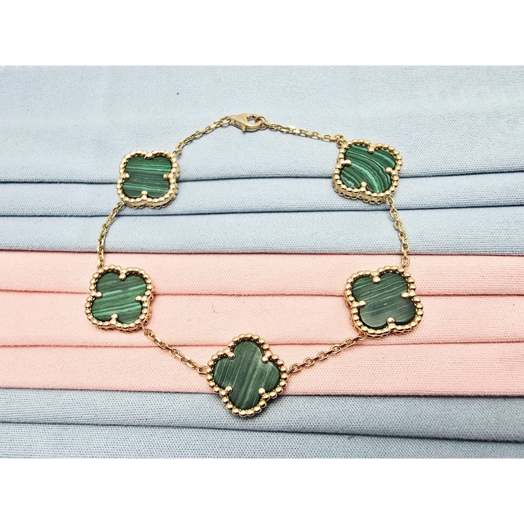 14k Yellow Gold Malachite Four Leaf Clover Cable Link Chain Bracelet  725 L